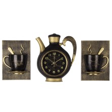 Комплект, часы настенные чайник 2622+2-003 26,5х24см+2 чашки, корпус черный с золотом 