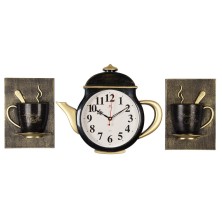 Комплект, часы настенные чайник 3530+2-004B 29х34см+2 чашки, корпус черный с золотом