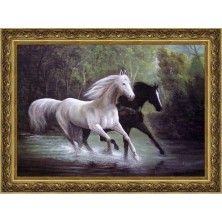 Картина Репродукция в багете Кони черный и белый, 50 х70 см